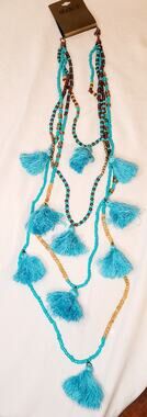 New Studio S blue beaded tassel layered boho statement necklace